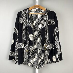 Globe Trotter Jacket Topper Cardigan Womens Large Black White‎ Print Lagenlook